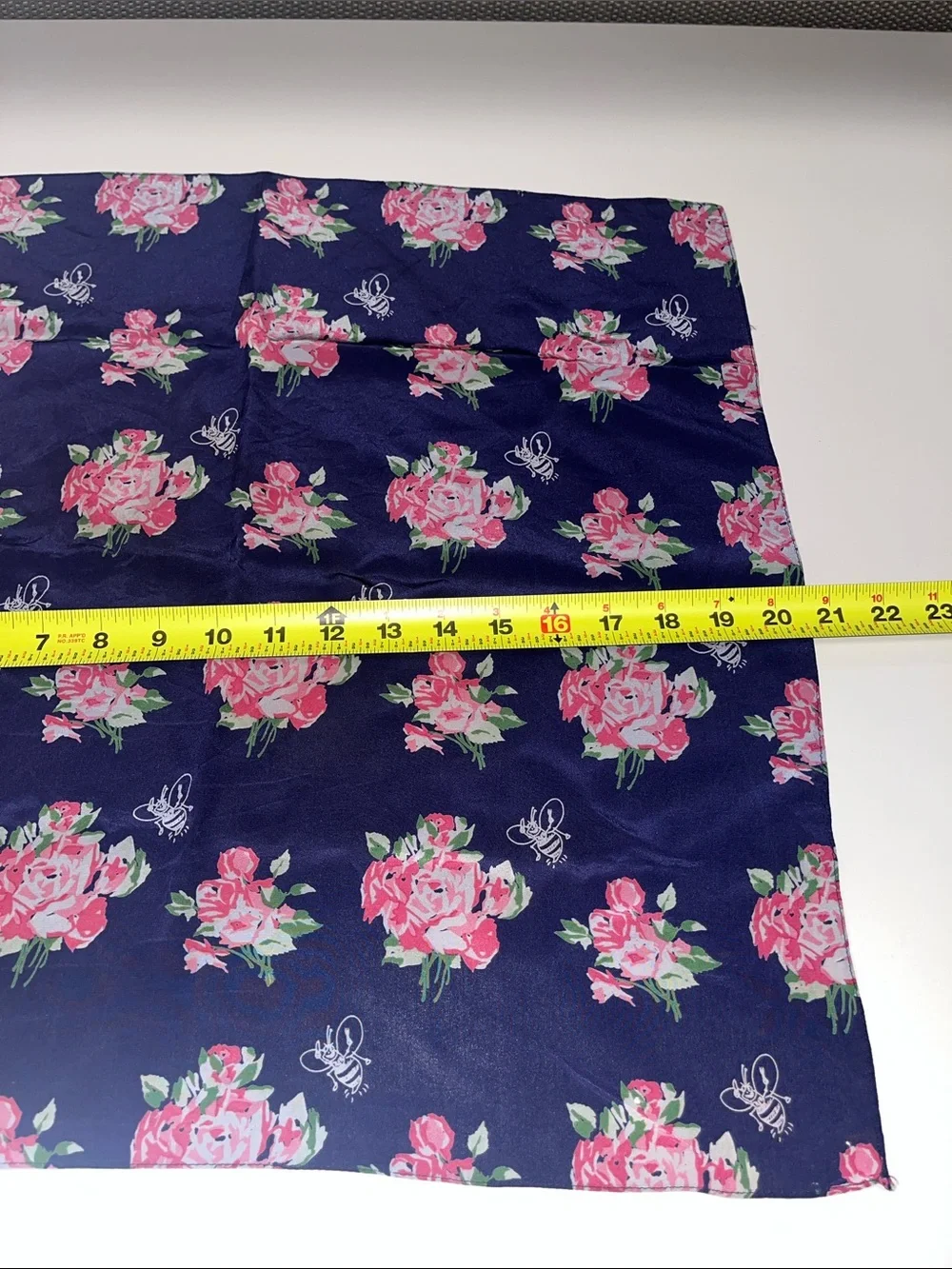 Nick & Nora Navy Silk Scarf with Bees & Pink Floral Bouquet Print